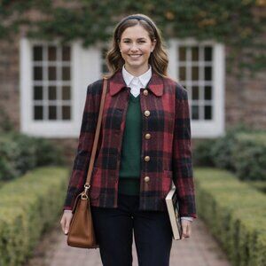Classic Dark Academia Plaid Jacket Brass Buttons Collegiate Size 12